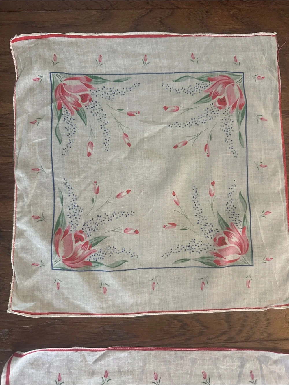 Vintage Floral Cotton Handkerchief with Blue Border